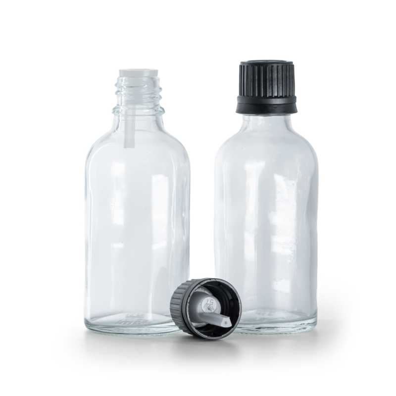 Flacone di vetro trasparente, tappo nero con contagocce interno, 50 ml