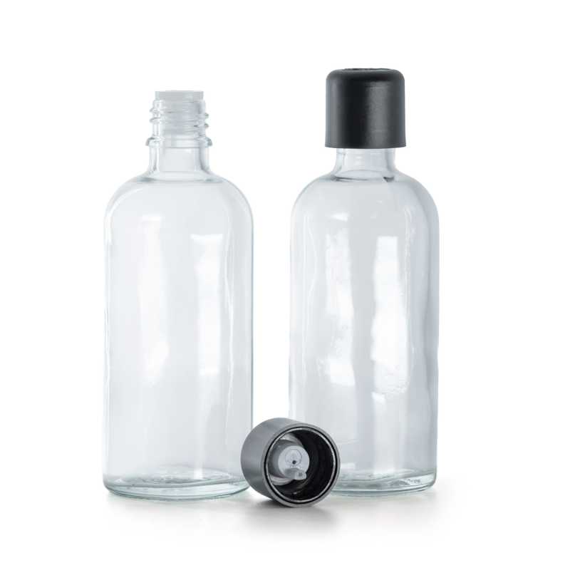 Flacone in vetro, trasparente, tappo di sicurezza nero con contagocce, 100 ml