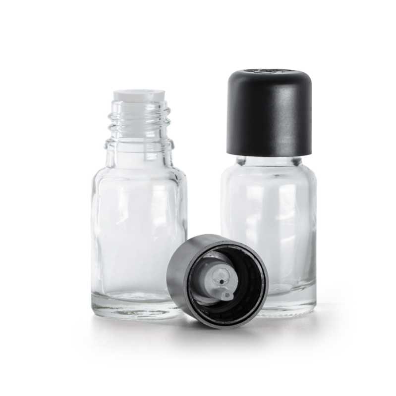 Bottiglia in vetro, trasparente, tappo di sicurezza antimanomissione nero con contagocce, 10 ml
