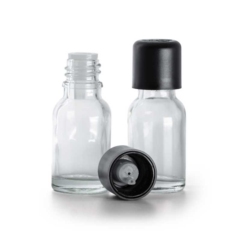 Flacone in vetro, trasparente, tappo di sicurezza antimanomissione nero con contagocce, 15 ml