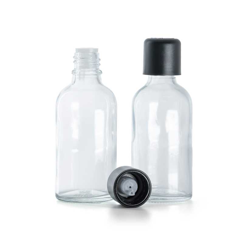 Flacone in vetro, trasparente, tappo di sicurezza antimanomissione nero con contagocce, 30 ml