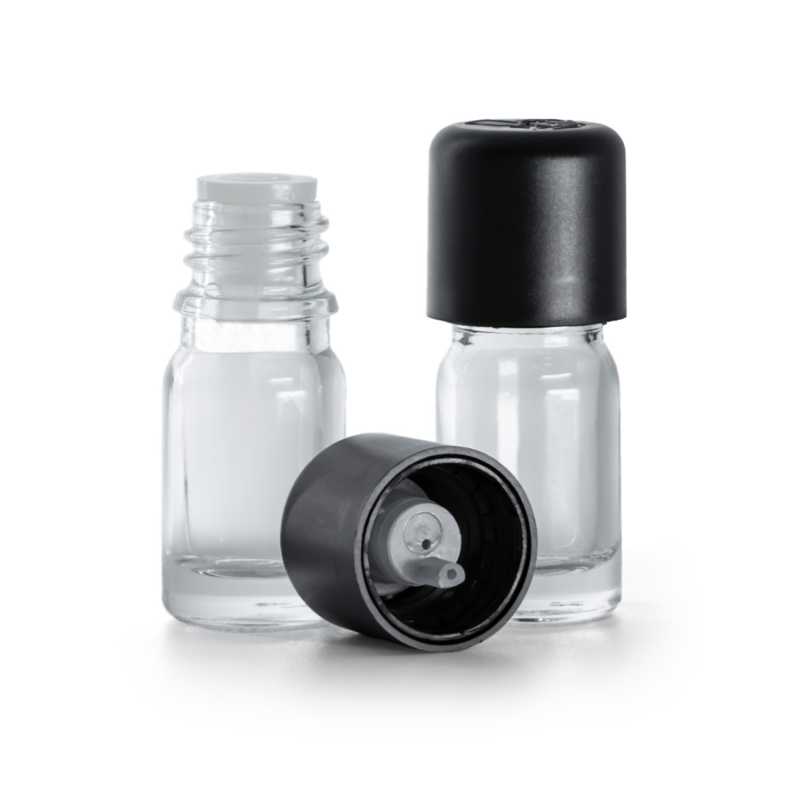 Bottiglia in vetro trasparente, tappo di sicurezza nero con contagocce, 5 ml