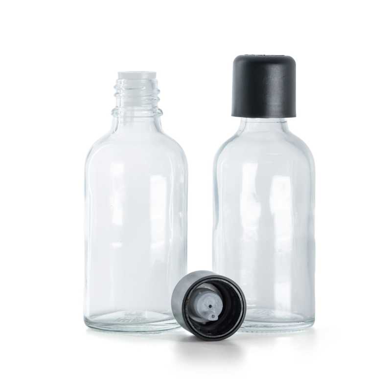 Flacone in vetro, trasparente, tappo di sicurezza antimanomissione nero con contagocce, 50 ml