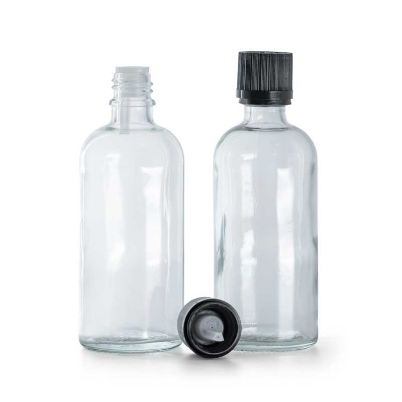 Flacone in vetro, trasparente, tappo di sicurezza nero con contagocce, 100 ml