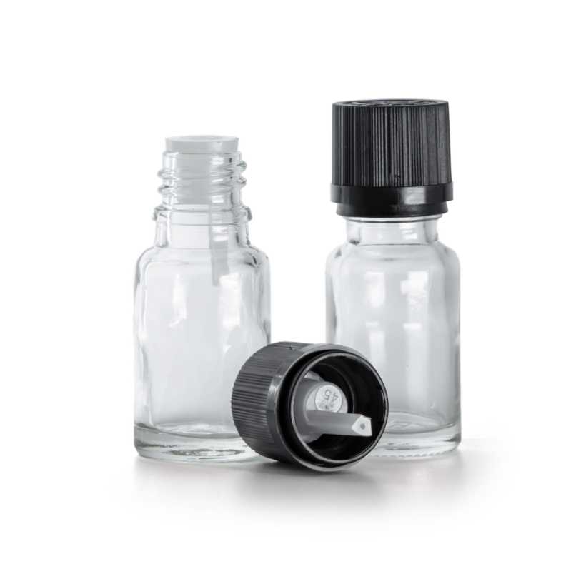 Flacone in vetro trasparente, tappo di sicurezza nero con contagocce, 10 ml