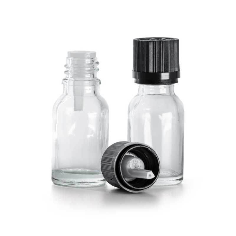 Bottiglia in vetro, trasparente, tappo di sicurezza nero con contagocce, 15 ml