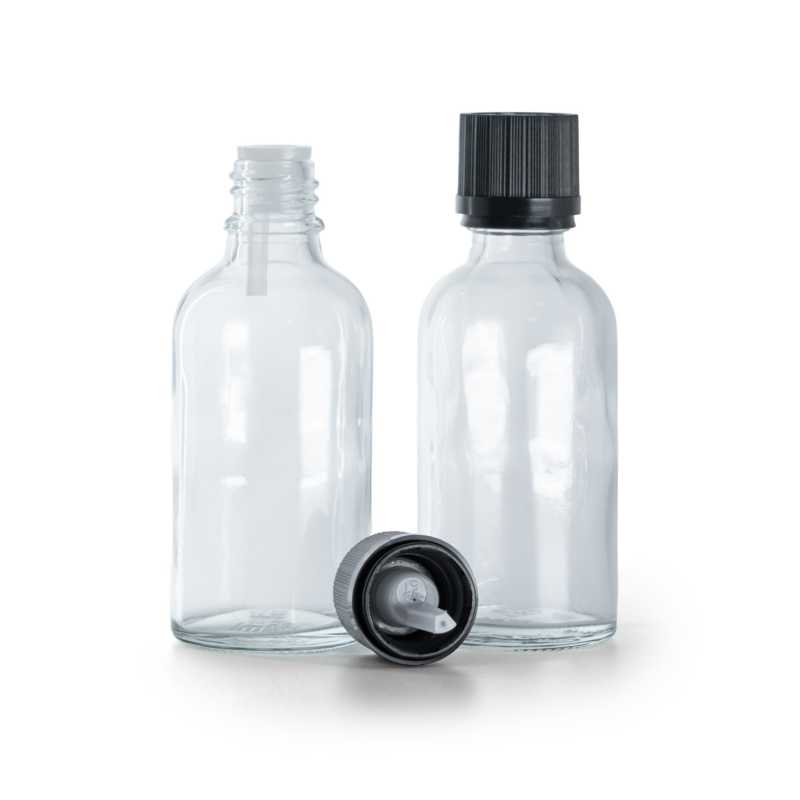 Flacone in vetro, trasparente, tappo di sicurezza nero con contagocce, 30 ml