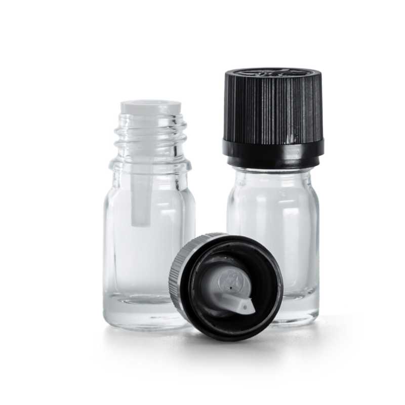 Bottiglia in vetro, trasparente, tappo di sicurezza nero con contagocce, 5 ml