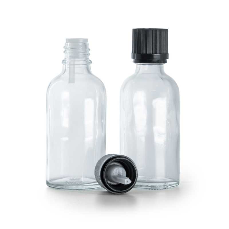 Bottiglia in vetro, trasparente, tappo nero di sicurezza con contagocce, 50 ml