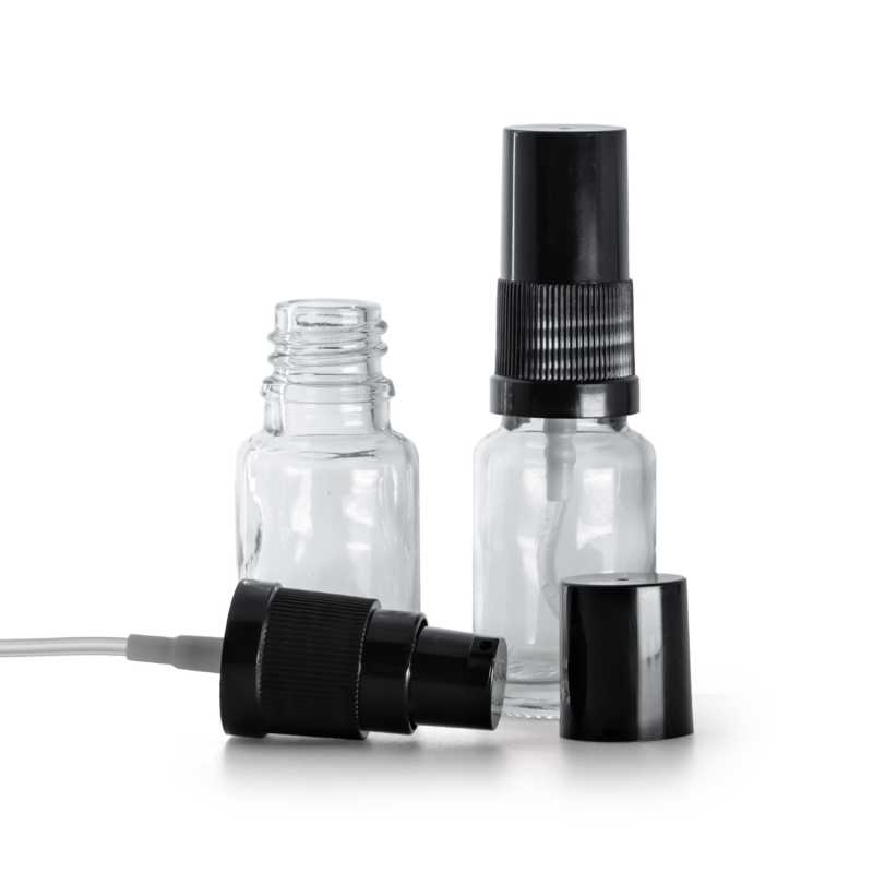 Flacone in vetro, trasparente, dosatore lozione con sovratappo nero, 10 ml