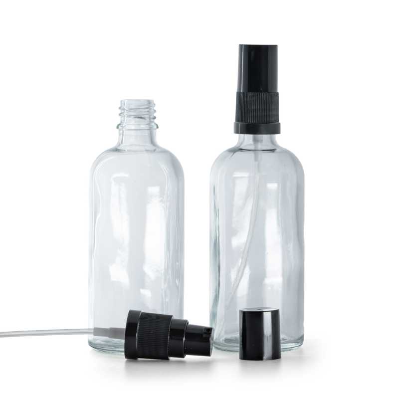 Flacone in vetro, trasparente, dosatore lozione, nero, 100 ml