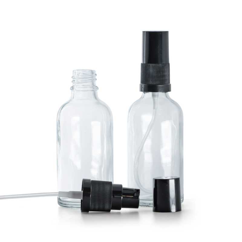 Bottiglia in vetro, trasparente, dosatore crema, nera, 50 ml