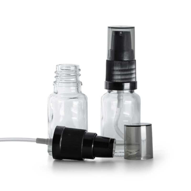 Flacone di vetro trasparente, pompa lozione con sopra-tappo fumé, 10 ml