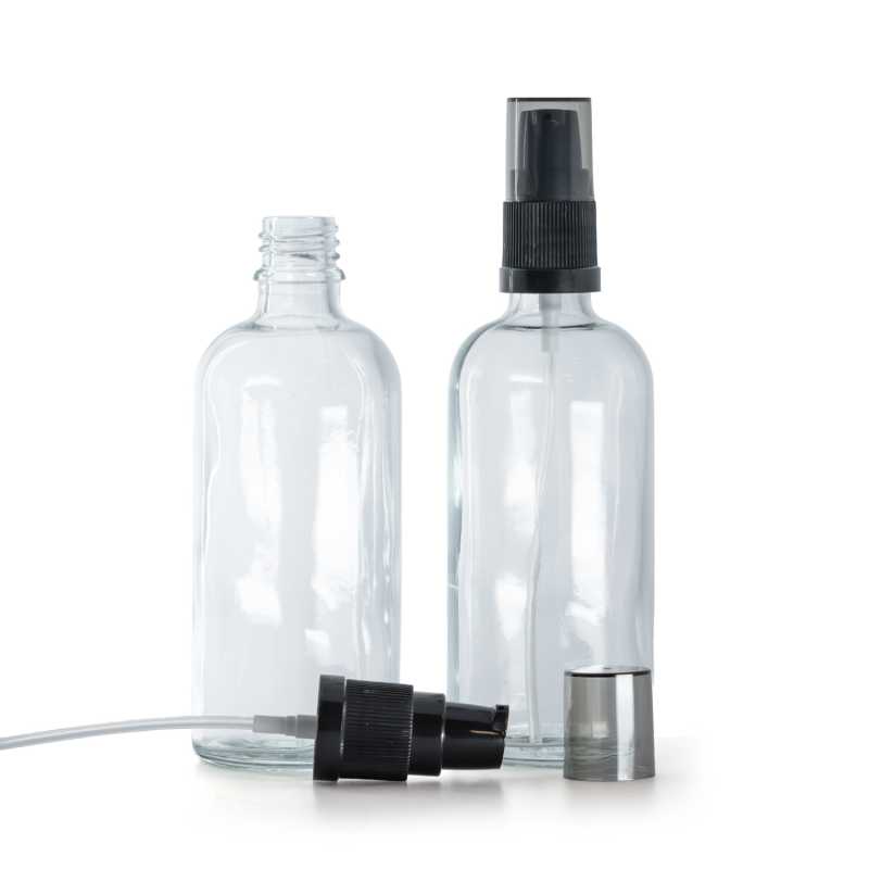 Flacone di vetro trasparente, dosatore di crema con sopra-tappo fumé, 100 ml