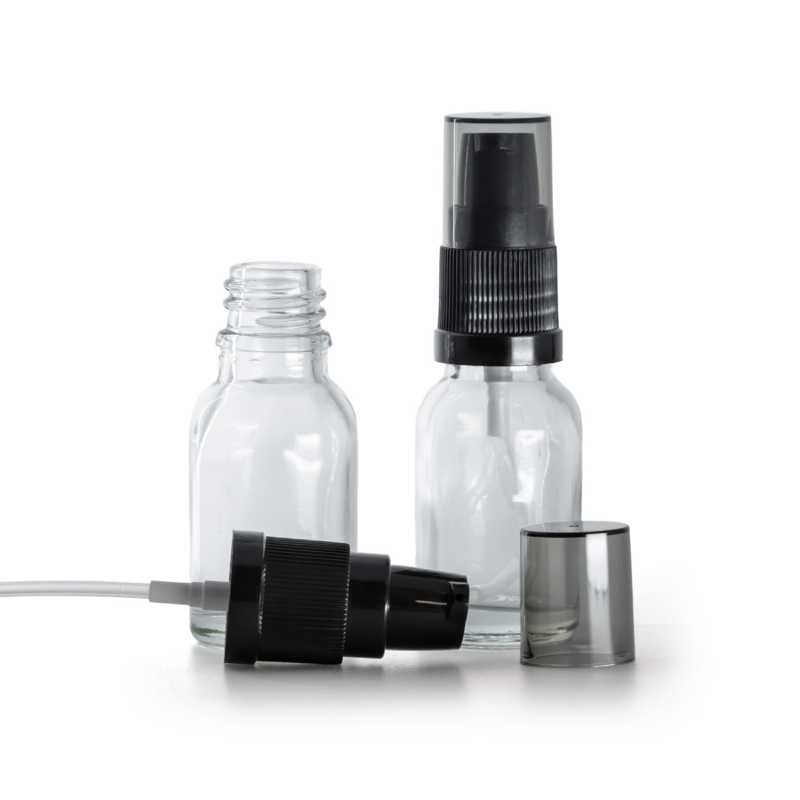 Flaconcino di vetro trasparente, dosatore di crema con sopra-tappo fumé, 15 ml
