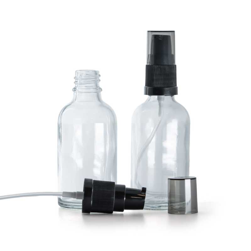 Flacone di vetro trasparente, dosatore di crema con sopra-tappo fumé, 30 ml