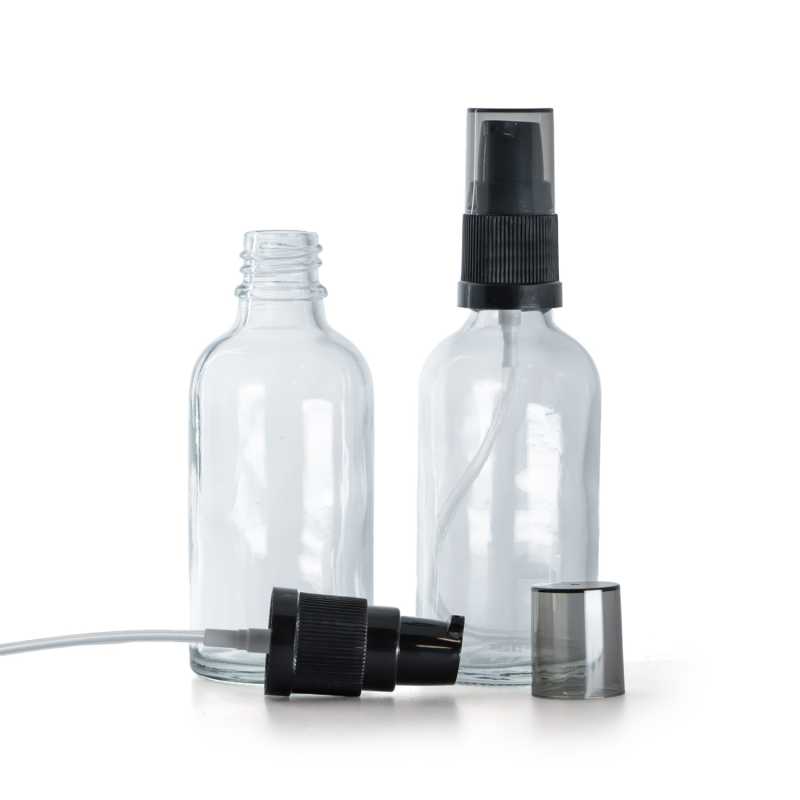 Flacone di vetro trasparente, dosatore di crema con sopra-tappo fumé, 50 ml