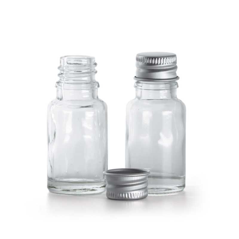 Flaconcino di vetro trasparente, tappo in alluminio, 10 ml