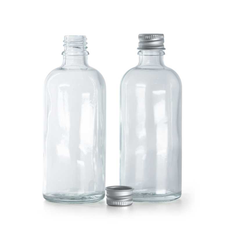 Flacone in vetro trasparente, tappo in alluminio argentato, 100 ml
