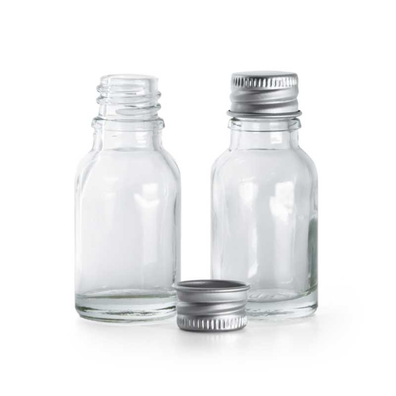 Flacone di vetro trasparente, tappo in alluminio, 15 ml
