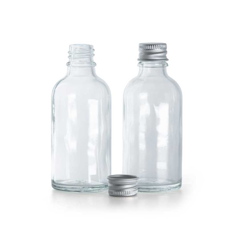 Flacone di vetro trasparente, tappo in alluminio, 30 ml