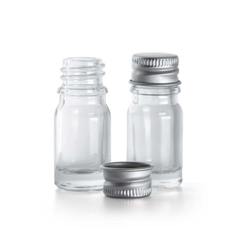 Flaconcino di vetro trasparente, tappo in alluminio, 5 ml