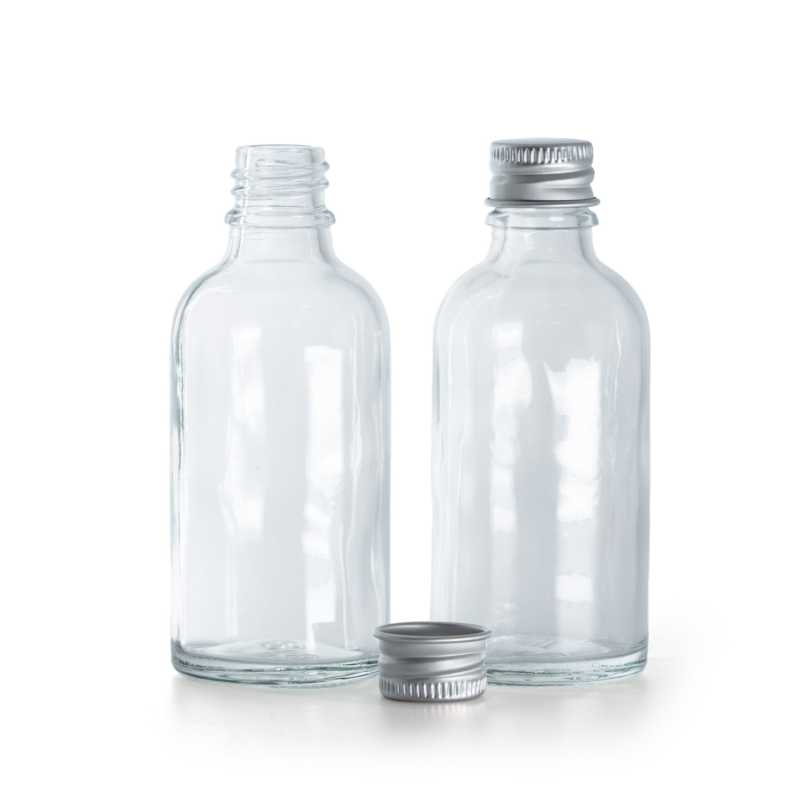 Flacone di vetro trasparente, tappo in alluminio, 50 ml