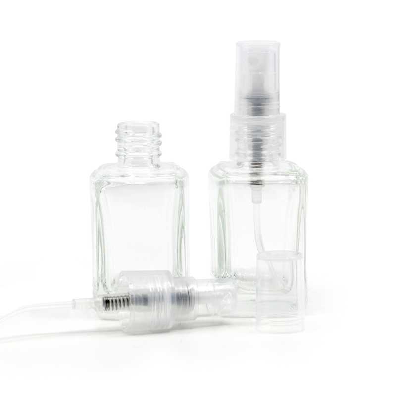 Bottiglia in vetro, trasparente, quadrata, 10 ml, spruzzatore trasparente