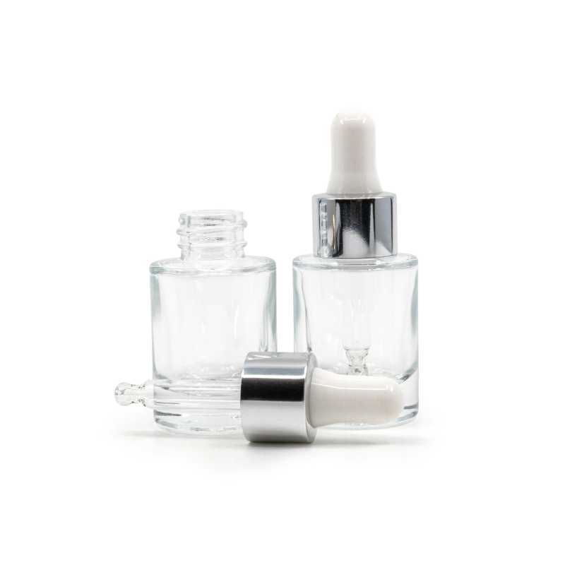 Flacone in vetro, trasparente, fondo spesso, contagocce bianco argento, 10 ml