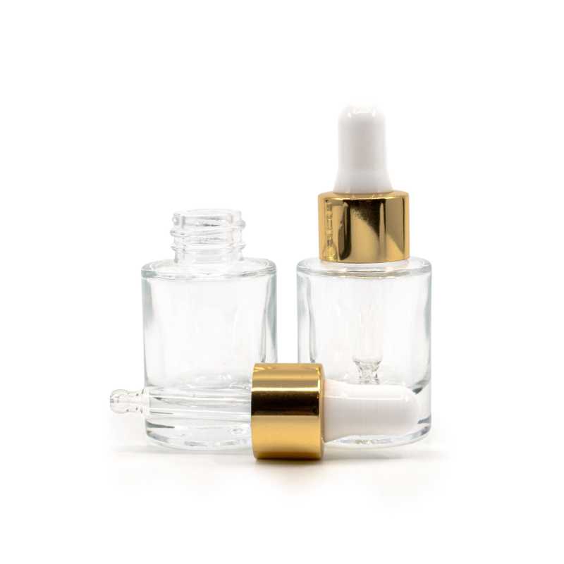 Flacone in vetro, trasparente, fondo spesso, contagocce bianco dorato, 10 ml