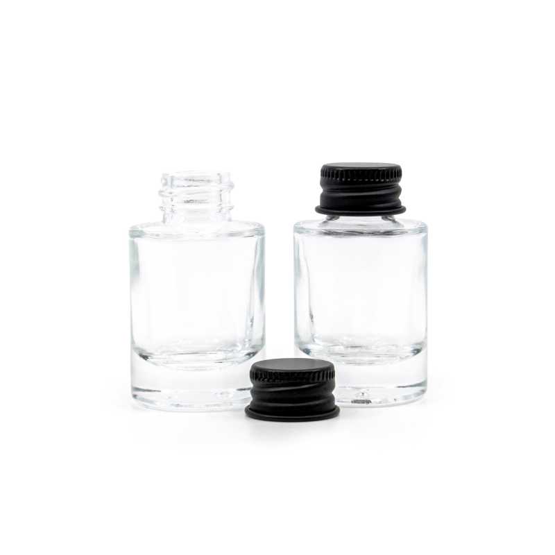 Bottiglia in vetro, trasparente, fondo spesso, tappo in alluminio nero, 10 ml