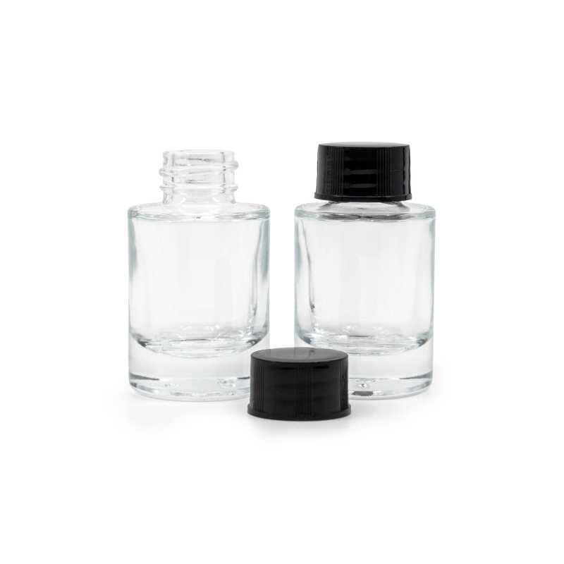 Flacone in vetro, trasparente, fondo spesso, tappo nero, 10 ml