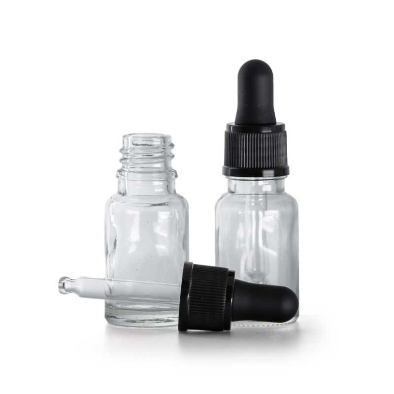 Bottiglia in vetro, trasparente, contagocce nero, 10 ml