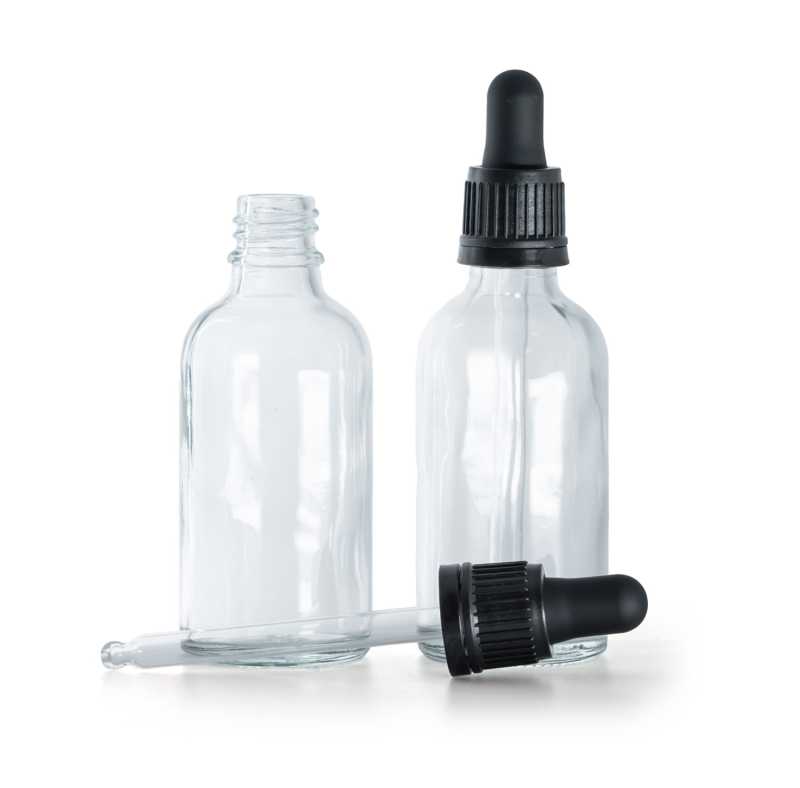 Flacone in vetro, trasparente, contagocce nero, 50 ml