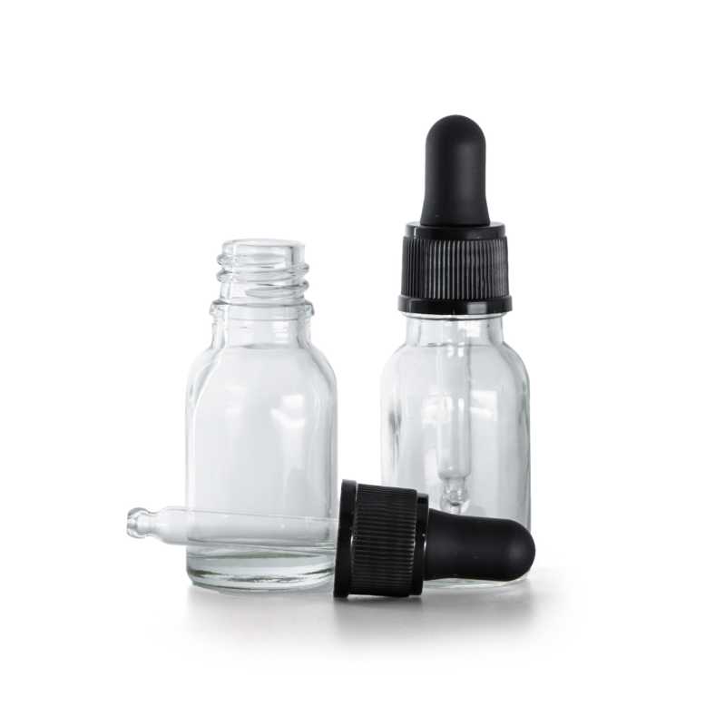 Flacone in vetro, trasparente, contagocce nero opaco, 15 ml