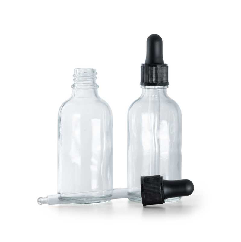 Bottiglia in vetro, trasparente, contagocce nero opaco, 30 ml