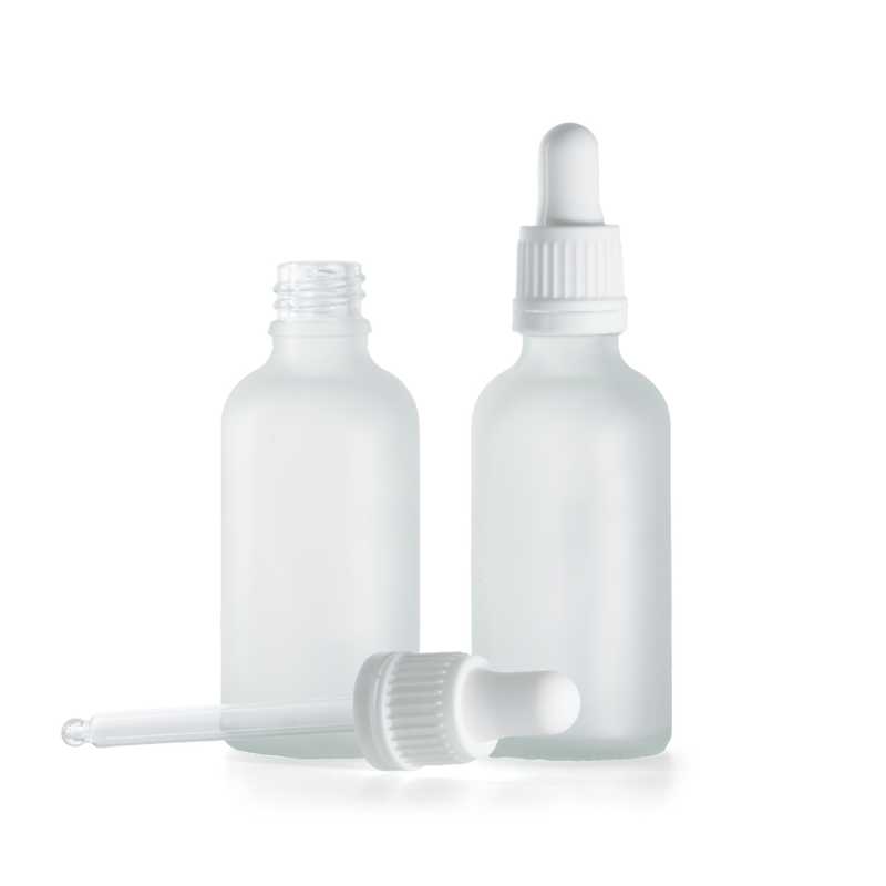 Bottiglia in vetro, trasparente satinata, contagocce bianco, 50 ml