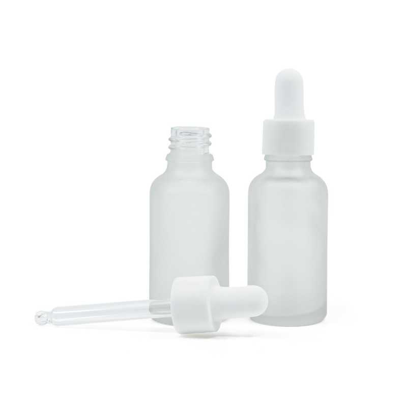 Bottiglia in vetro, trasparente satinata, contagocce liscio bianco opaco, 30 ml