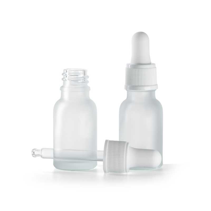 Flacone in vetro satinato trasparente, contagocce bianco opaco, 15 ml