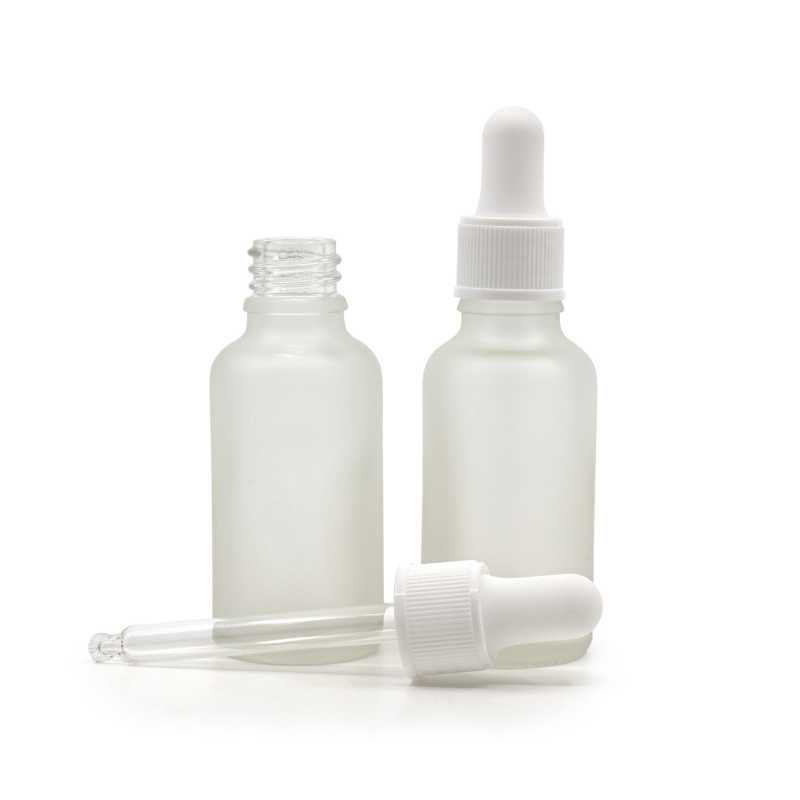 Flacone in vetro, trasparente satinato, contagocce bianco opaco, 30 ml
