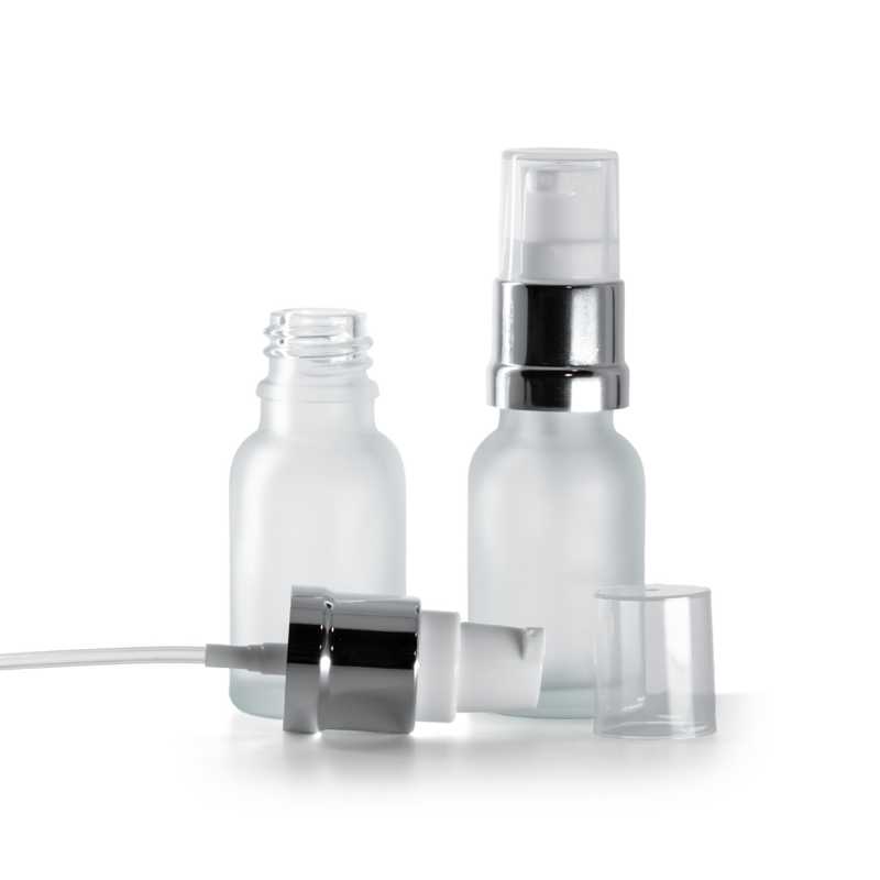 Bottiglia in vetro, satinata, dispenser bianco argento lucido, 15 ml