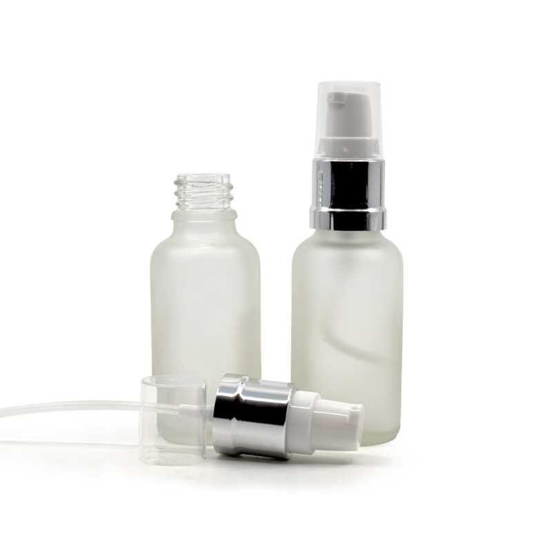 Bottiglia in vetro, trasparente satinata, dosatore bianco argento lucido, 30 ml