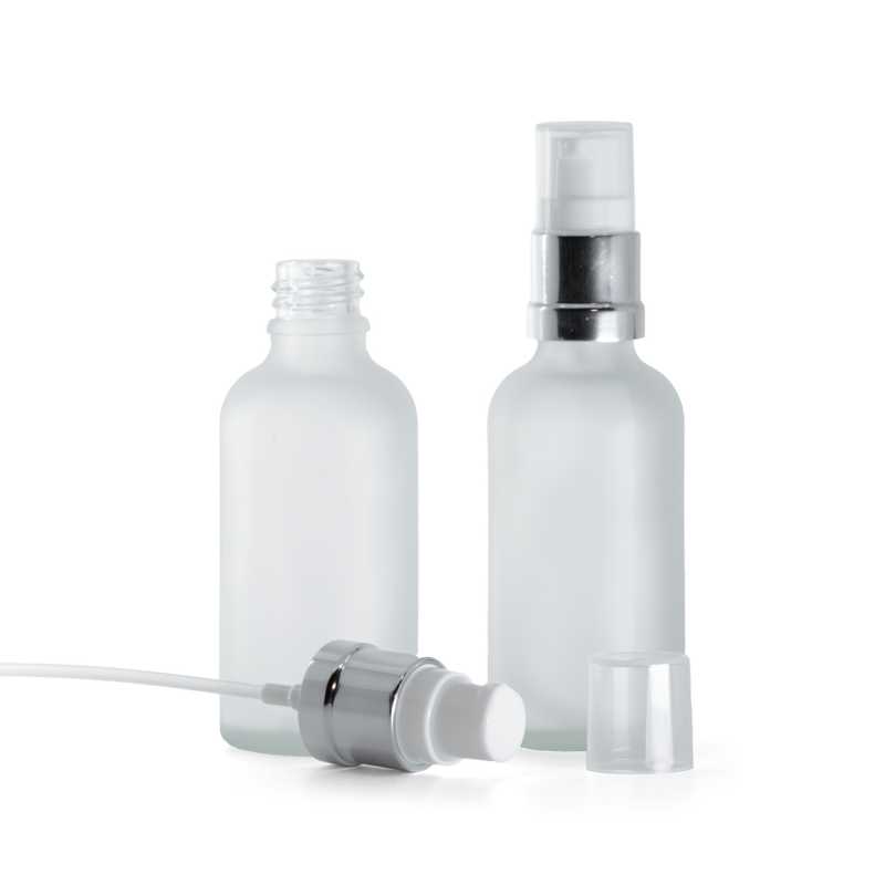 Flacone in vetro satinato trasparente, pompa bianco argento lucida, 50 ml