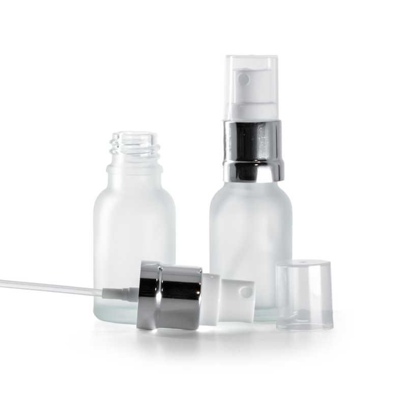 Bottiglia in vetro satinato trasparente, spruzzatore bianco argento lucido, 15 ml