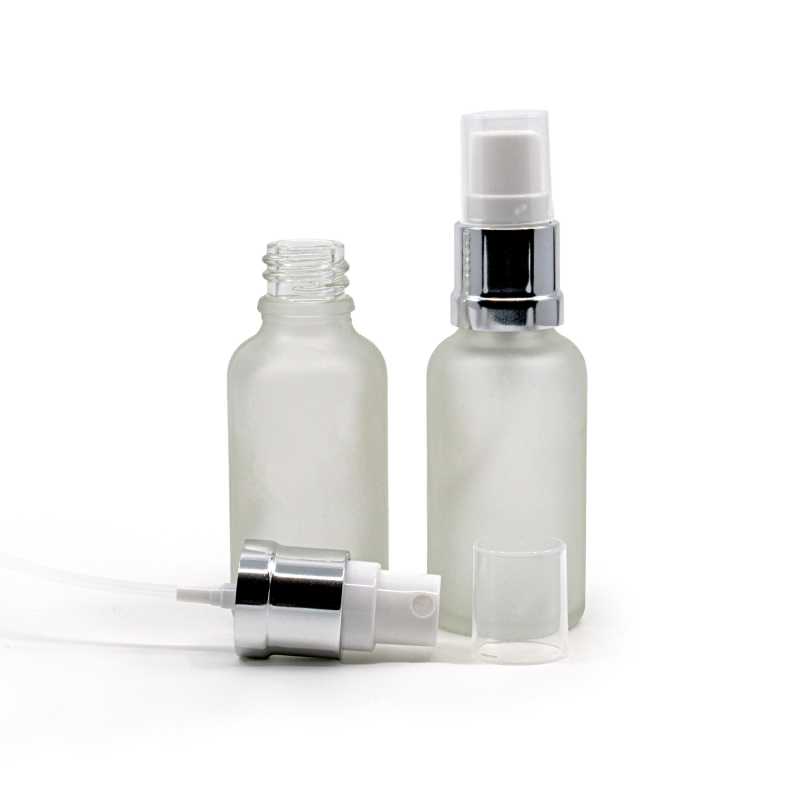 Bottiglia in vetro, satinata trasparente, spruzzatore bianco argento, 30 ml