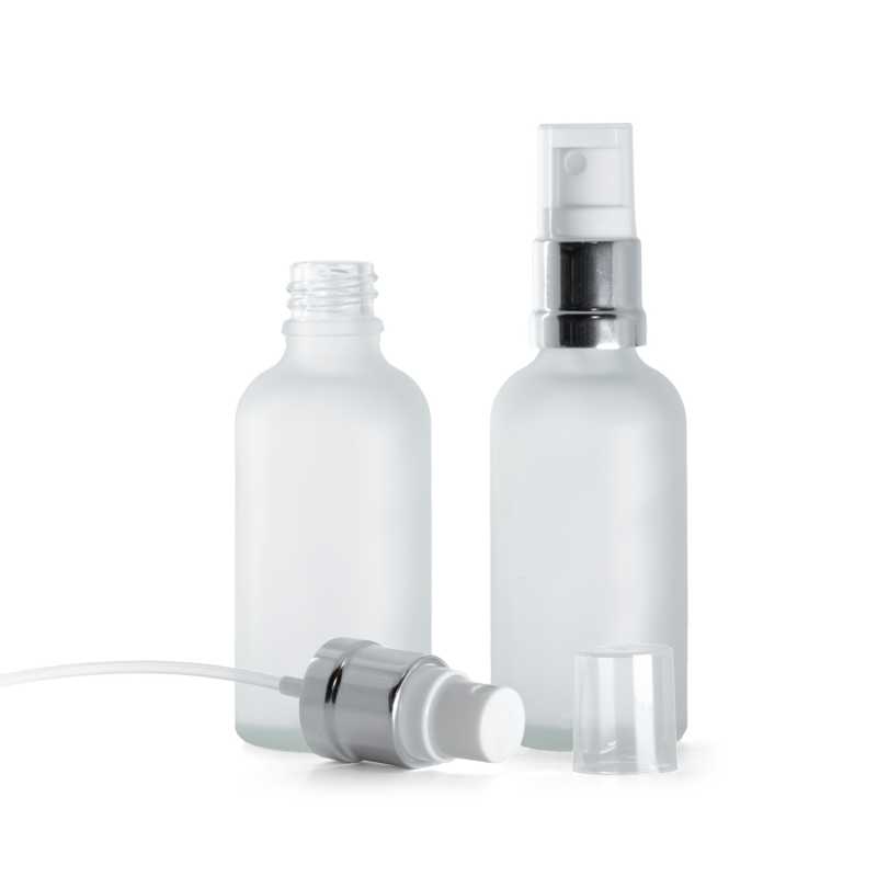 Bottiglia in vetro satinato trasparente, spruzzatore bianco argento lucido, 50 ml