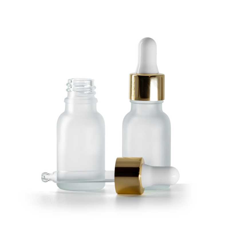 Bottiglia in vetro satinato trasparente, contagocce bianco oro, 15 ml