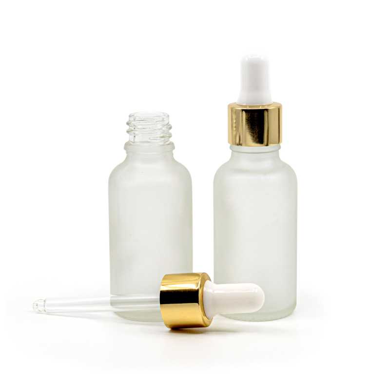 Flacone di vetro, satinato trasparente, contagocce bianco oro, 30 ml
