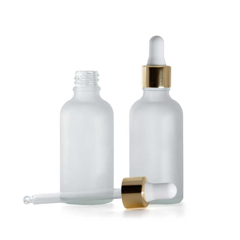 Flacone in vetro, trasparente satinato, contagocce bianco oro, 50 ml