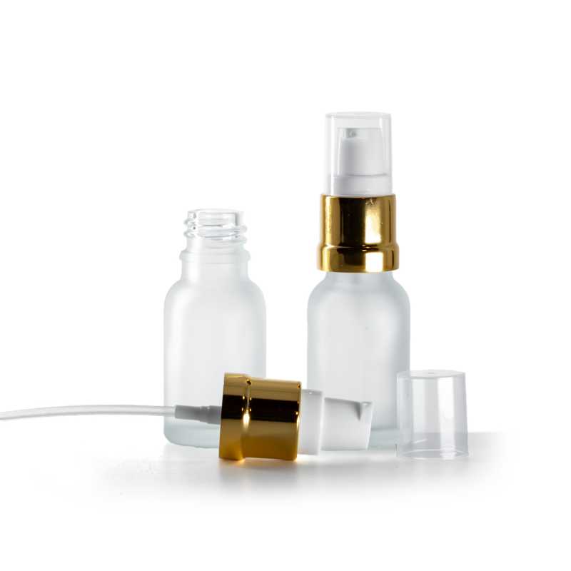 Flacone in vetro satinato trasparente, dosatore bianco oro lucido, 15 ml
